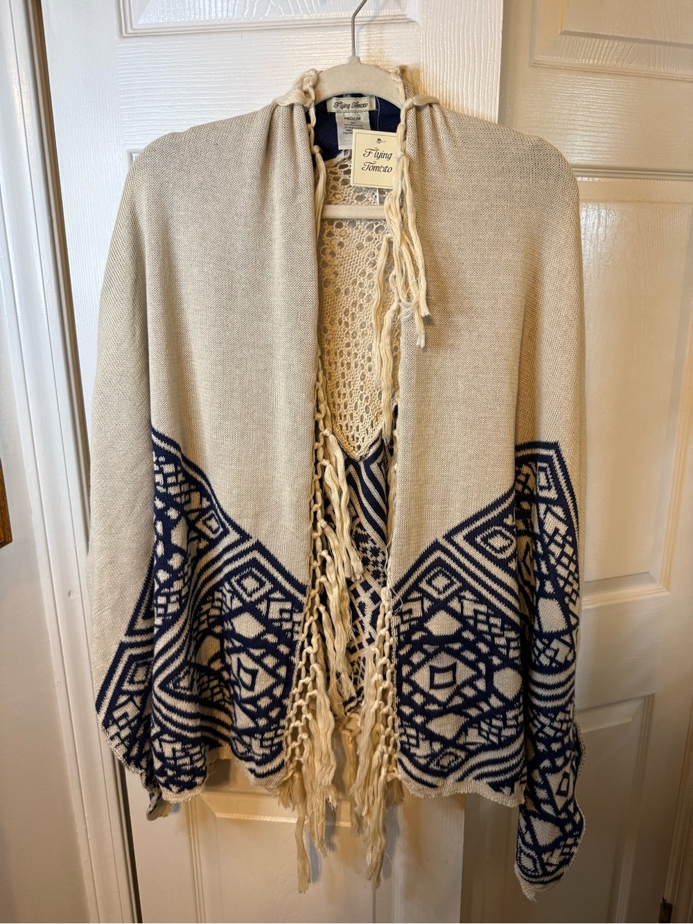 Flying Tomato Cream & Navy Fringe Open-Front Knit Cape